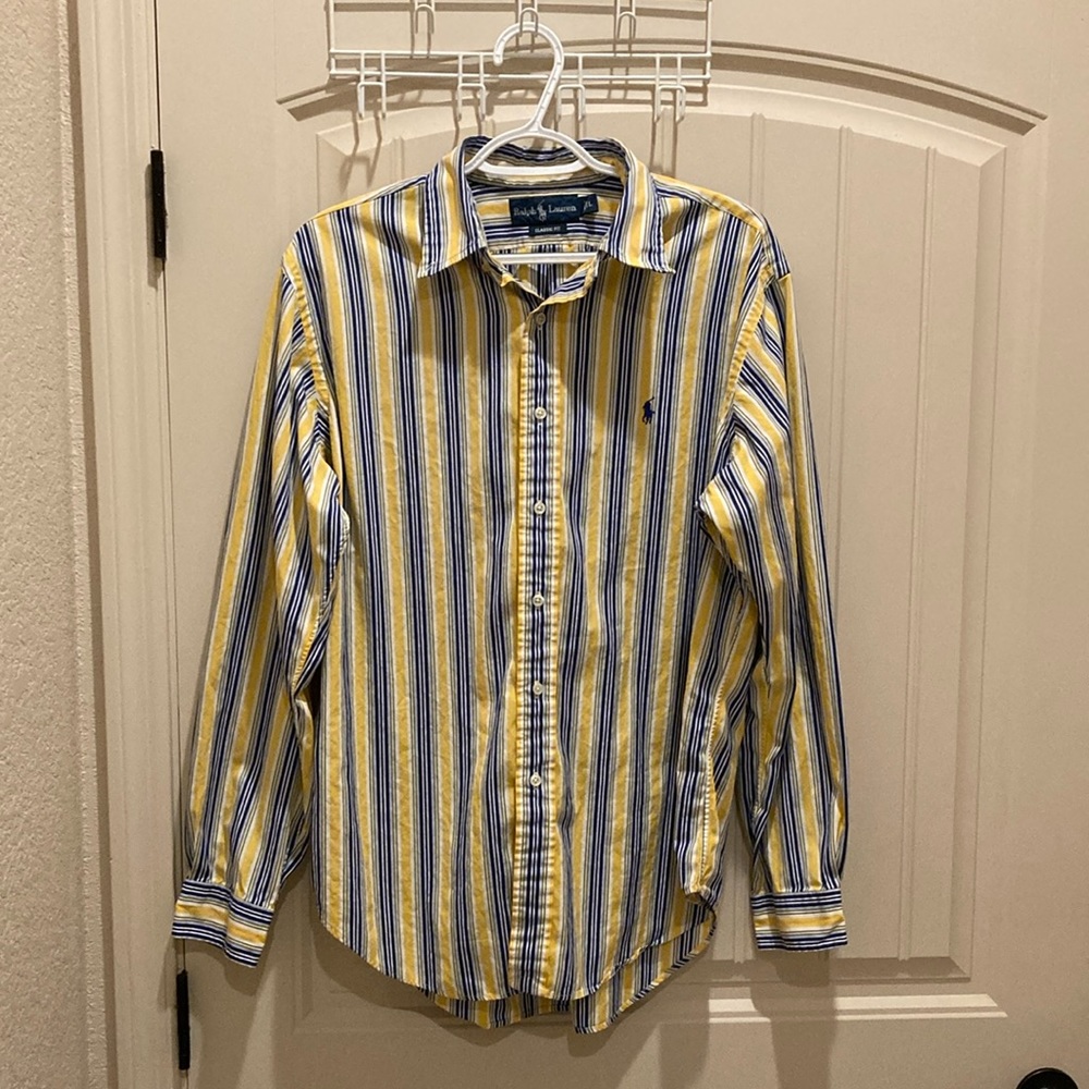 Ralph Lauren Men’s Size L Classic Fit Yellow Striped Button Down Shirt Pony Logo
